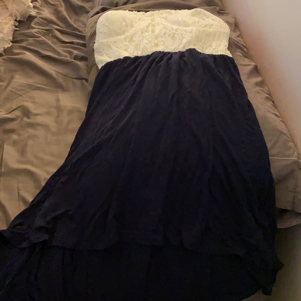White lace and navy high low dress